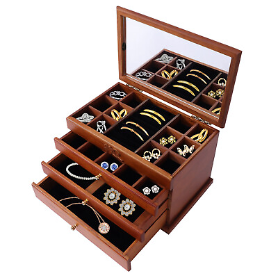 #ad Wooden Jewelry Box Jewelry Storage Ring Earrings Organizer Case with Drawer $49.00