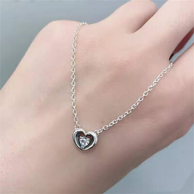 #ad New 925 Sterling Silver Radiant Heart Floating Stone Collier Necklace 45cm 17.7quot; $31.34