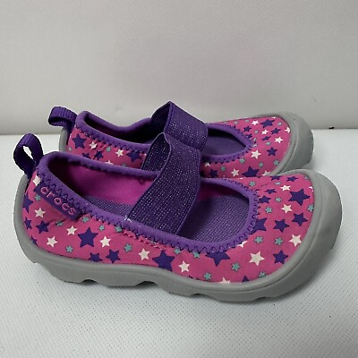 #ad CROCS Mary Janes Girl#x27;s 8 Duet Busy Day Youth Stars Pink Slip On Swim Beach Shoe $19.20