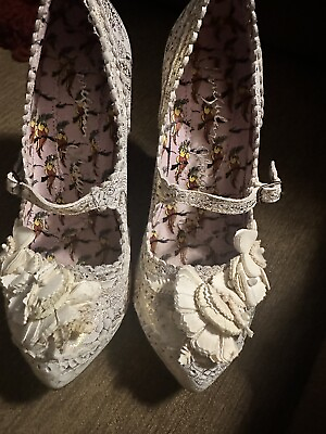#ad Irregular Choice Cortesan Floral Bar Wedding Court Shoes Sz8 Gold White $49.00