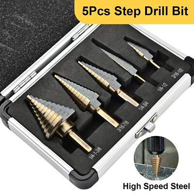 #ad 5Pcs Titanium Step Drill Bit Set HSS High Speed Steel Multiple Hole with Case $15.99