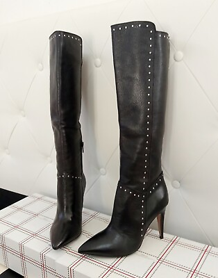 #ad Heel Boots 7 Leather Black Italian Design Size 37 New  $164.00
