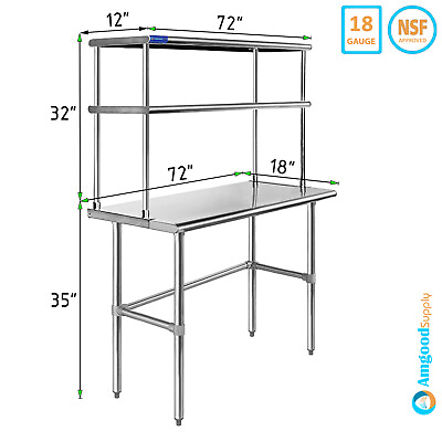 #ad 18quot; x 72quot; Stainless Steel Open Base Table With 12quot; Wide Double Tier Overshelf $574.95
