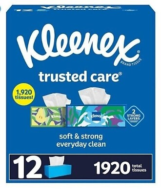 #ad Kleenex Trusted Care 2 ply Facial Tissues Flat Boxes 160 tissues box 12 boxes $27.70