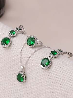 #ad 4pcs Green Rhinestone Decor Jewelry Set Pendant Necklace Earrings and Ring $5.32