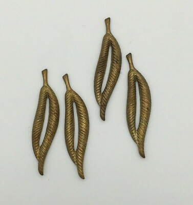 #ad 4 Vintage brass feather charms 39mm 1.5quot; long deadstock jewelry bulk lot supply $5.00