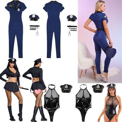 #ad Womens Halloween Police Cosplay Costumes Zipper Bodysuit with Hat Belt Manacles $10.42