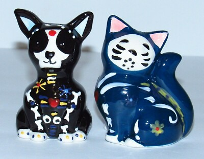 #ad Day of the Dead Sugar Skull Halloween Dog and Cat Salt and Pepper Shaker Set $19.99