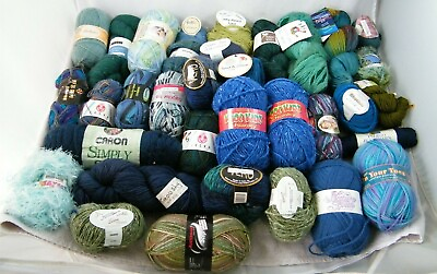 #ad 33 SKEINS MIXED BRAND BLUE GREEN YARN WOOLS COTTONS BLENDS SMOKERS HOME $113.40