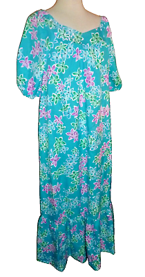 #ad Vintage Royal Palm Hawaii Hawaiian Dress Long Blue S Small $13.71