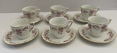 #ad Set of 6 ANTIQUE Porcelain Demitasse Cups amp; Saucers Pink Rose Garland Gold Rims $19.99
