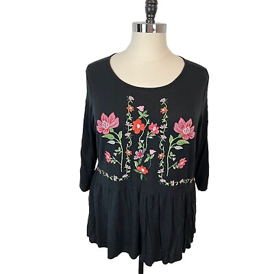 #ad Adiva Tunic Top Floral Women#x27;s Size 1X Embroidered Babydoll Flounce Pink Black $27.97