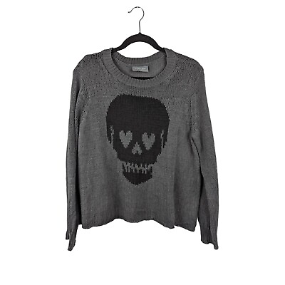 #ad Wooden Ships Womens Open Knit Sweater Size S M Crew Neck Skull Graphic Gray $43.88