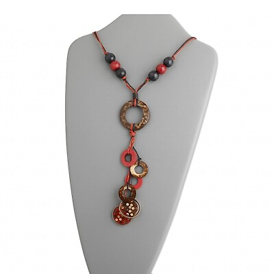#ad Boho Chic Necklace 21 Inch Cord Multi Wood Drops Epoxy Pendants Jewelry $22.95