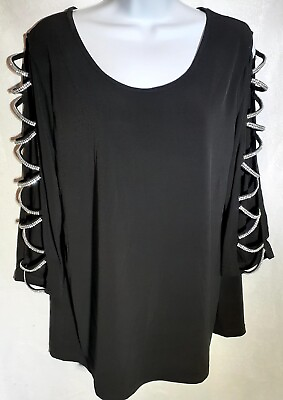 #ad Bling Is A Color Womens Black Top With Rhinestone Cut Out Sleeves Size M # 1290 $10.88
