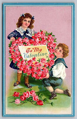 #ad Postcard To My Valentine Lovely Kids Holding Pink Rose Heart Blue Border $15.95