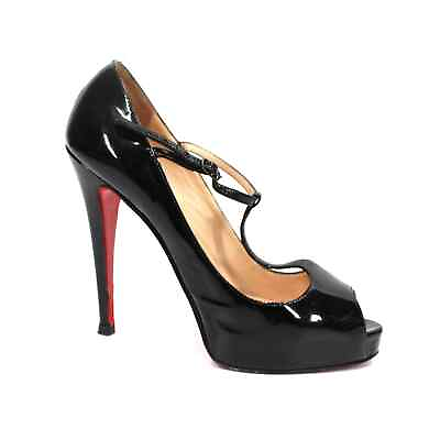 #ad Christian Louboutin Señora Black Patent Leather Peep Toe T Strap Heels 38 Red $259.99