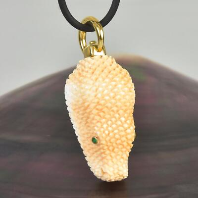 #ad Snake Head Pendant 18K Gold Vermeil Apricot Shell Carving Emerald 12.31 g $99.00
