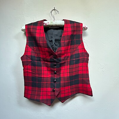 #ad Jeannette Miner Paris Women#x27;s Button Down Red Tartan Plaid Wool Vest Size 42 $65.98
