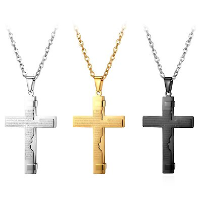 #ad Mens Women Stainless Steel English Bible Lords Prayer Cross Charm Lucky Necklace $9.99