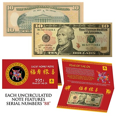 #ad 2021 CNY Chinese YEAR of the OX Lucky Money US $10 Bill w Red Folder S N 88 $50.95