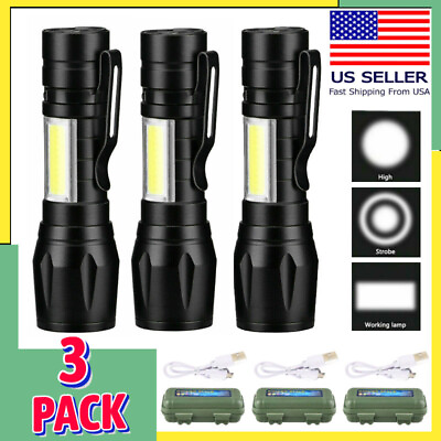 #ad 3X Super Bright LED Tactical Flashlight Mini USB Rechargeable Lamp 3 Modes Light $10.99
