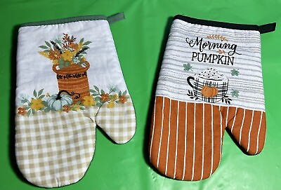 #ad Lot of 2 Oven Mitts Morning Pumpkin Fall Vase w Flowers $2.88