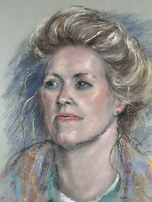 #ad Vtg Pastel Portrait Of Blonde Haired Blue Eyed Model Headshot 17x12” Art Drawing $19.36