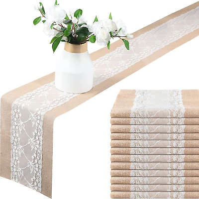 #ad 12 Pcs Burlap Table Runner 11.8 X 70.9 Inch White Lace Table Cover Rustic Countr $60.84