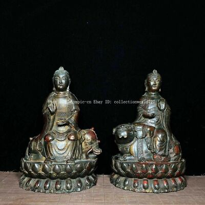 #ad pair 10#x27;#x27; bronze home feng shui buddhism Manjusri and Samantabhadra Bodhisattvas $344.00