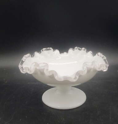#ad Vintage Fenton Milk Glass Silver Crest Candy Dish Compote Double Crimped 7quot; $16.00