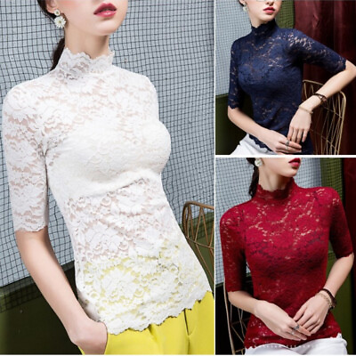 #ad Women Floral Lace T shirt Half Sleeve Top Stand up Collar Hollow Sheer Blouse $14.64