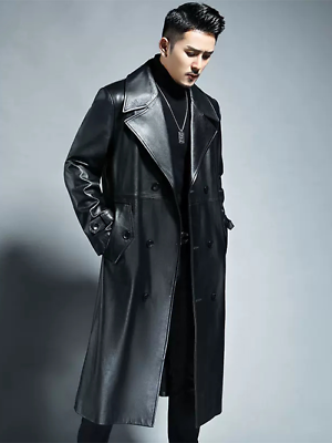 #ad Long Cool Waterproof Black Pu Leather Trench Coat Men Double Breasted Outerwear $113.16
