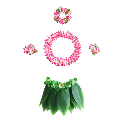 #ad 5 Pcs Hula Skirt Hawaiian Costume Set with Green Leaves Leis Bracelets Headband $24.18