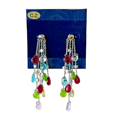 #ad Earrings 5 Chain Dangle Silver 3quot; Drop CZ Briolette Colorful Post Stud Pierced $19.99