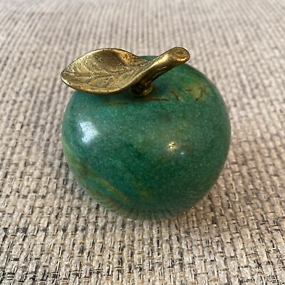 #ad Vintage Alabaster Stone Marble Green Apple With Brass Leaf ￼ 3 3 4”x3” $15.25