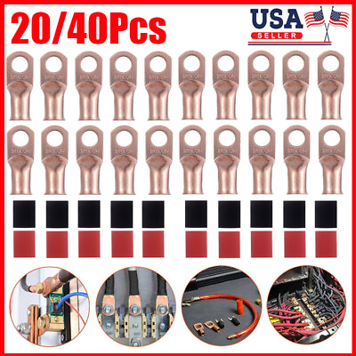 #ad 20 40Pcs 1 0 AWG Gauge Copper Lugs w RED amp; BLACK Heat Shrink Ring Terminals Wire $19.25