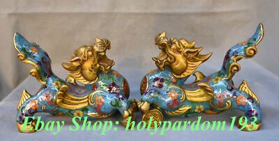 #ad 7quot; Old Chinese Cloisonne Copper Feng Shui Dragon Beast Pixiu Luck Statue Pair $331.50
