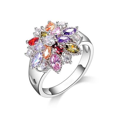#ad Women 925 Sterling Silver Color Jewelry Colourful Cubic Zirconia Flower Design $10.49