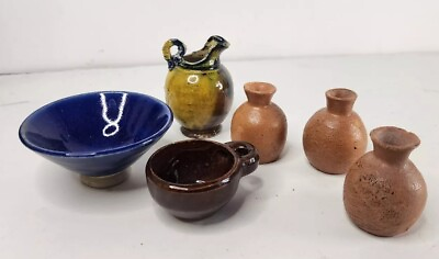 #ad Vintage Miniature Mini LOT OF 6 Ceramic Pottery Clay Jugs bowls Whitefish Mex $13.99