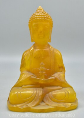 #ad 8.4quot; Old Chinese Yellow Amber Carved Sakyamuni Tathagata Buddha Statue Sculpture $195.00