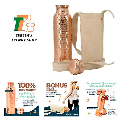 #ad Copper Water Bottle 34oz 1000ml w a Carrying Canvas Bag 100% Pure Copper Bo... $53.99