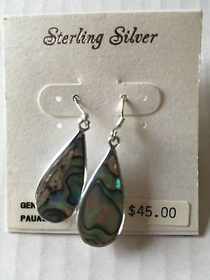 #ad Earrings Sterling Silver Abalone Pauashell Oblong Teardrop Dangle Pierced $9.00