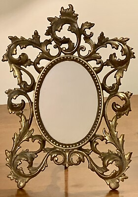 #ad Antique Ornate Victorian Cast Iron Metal Gold Picture Frame Oval $44.00