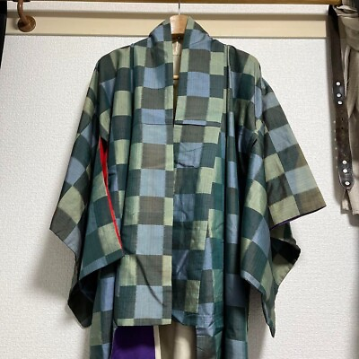 #ad Japanese Taisho Period Vintage Silk Check Kimono Noragi Green Used $183.59
