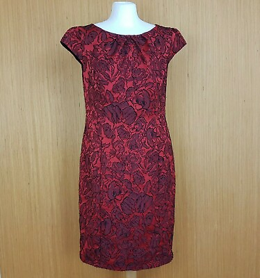 #ad Ashley Brooke Dress Red Black Satin Floral Below Knee Straight Party UK 12 GBP 12.00