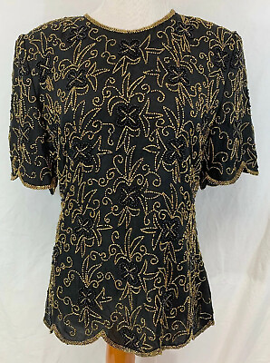 #ad Vintage Royal Feelings Gold amp; Black Sequin Beaded Top Womens Large L $33.25