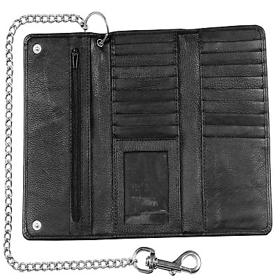#ad Genuine Black Cowhide Leather Chain Wallet Trifold Long Chain Motorcycle Biker $19.99