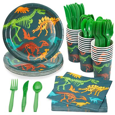 #ad 144 Piece Dinosaur Party Supplies for Kids Birthday Boy Baby Shower 24 Guests $23.89