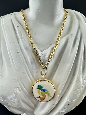 #ad Vintage Ceramic Japanese Bird Button Necklace 24ky Gold Plated Mint Condition $158.00
